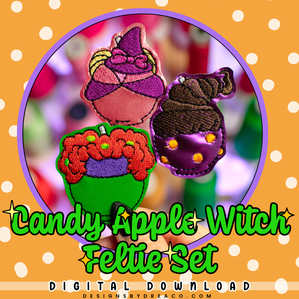 Candy Apple Witch Feltie Embroidery Design Set