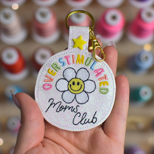Overstimulated Mom Club Retro Snap Tab Keychain Embroidery Design